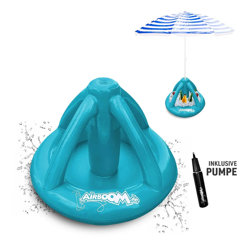 Airboom Blue mit Pumpe – Der aufblasbare Sonnenschirmständer mit Getränkekühler für den Strand