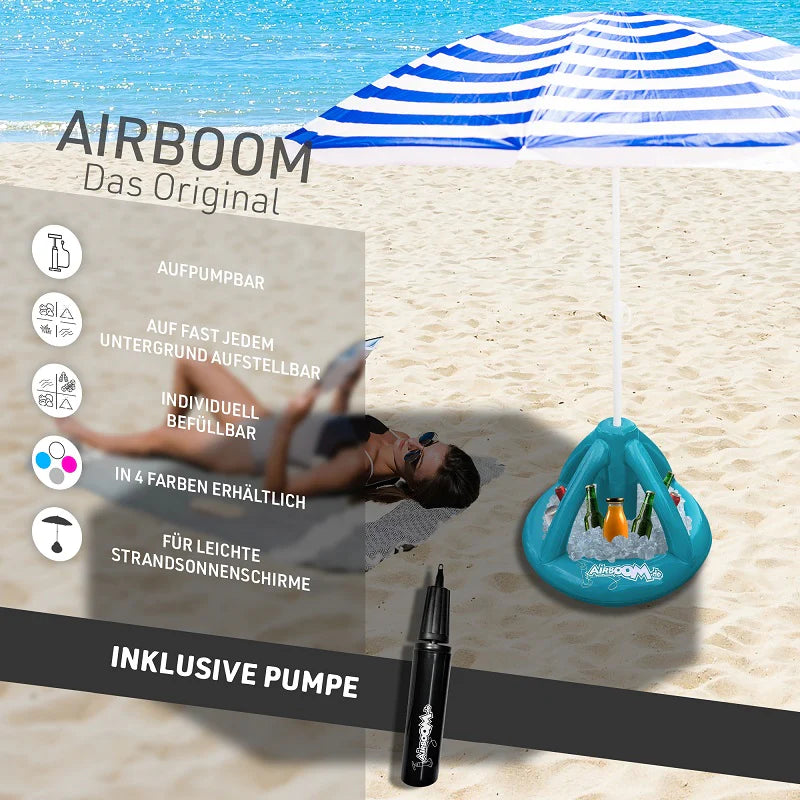 Airboom Blue mit Pumpe – Der aufblasbare Sonnenschirmständer mit Getränkekühler für den Strand