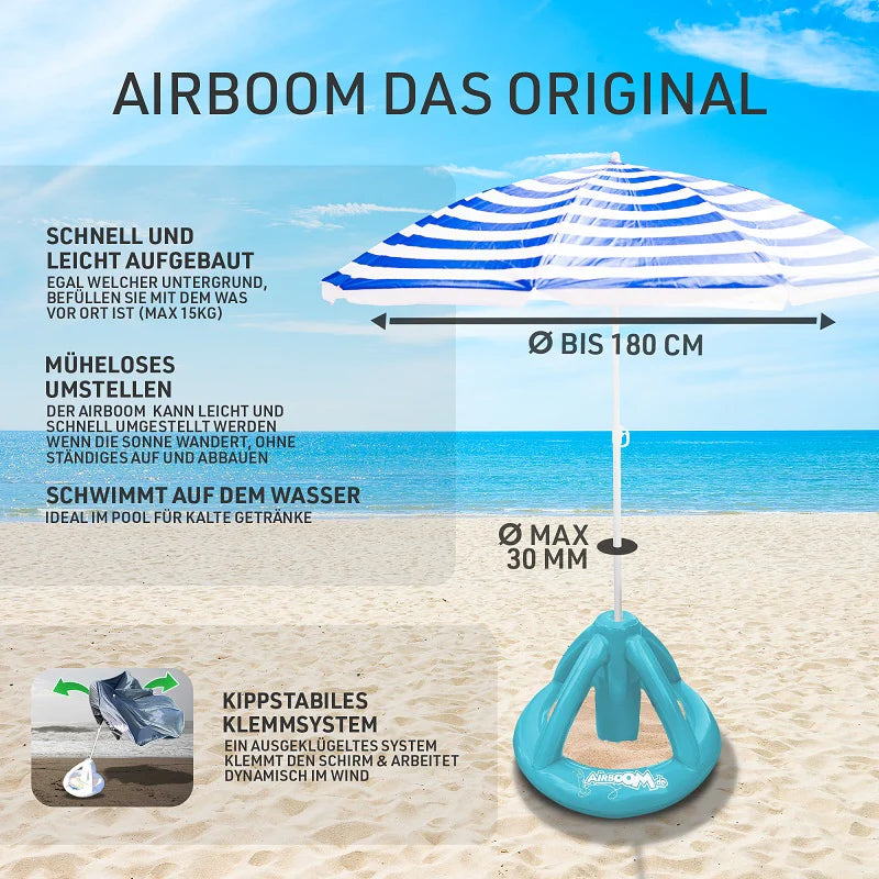 Airboom Blue mit Pumpe – Der aufblasbare Sonnenschirmständer mit Getränkekühler für den Strand